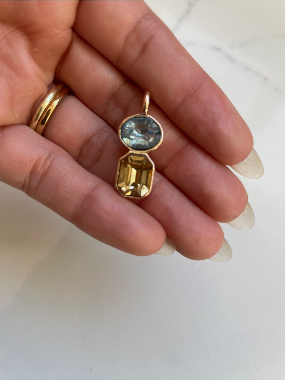 Vintage-Style Blue & Golden Yellow Glass Resin Two-Stone Pendant, Gold Plated